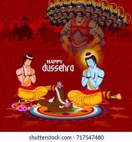 easy to edit vector illustration of Ravana monster in Happy Dussehra background showing festival of India
