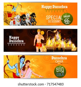 easy to edit vector illustration of Ravana monster in Happy Dussehra background showing festival of India