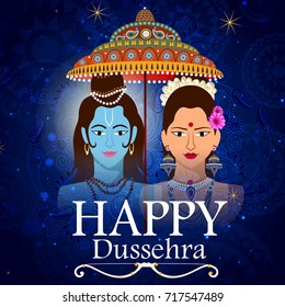 easy to edit vector illustration of Ravana monster in Happy Dussehra background showing festival of India