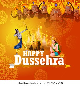 easy to edit vector illustration of Ravana monster in Happy Dussehra background showing festival of India