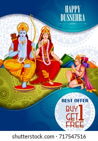 easy to edit vector illustration of Ravana monster in Happy Dussehra background showing festival of India
