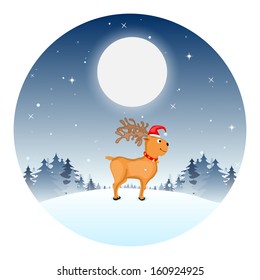easy to edit vector illustration of Reindeer wearing Santa cap in Christmas night
