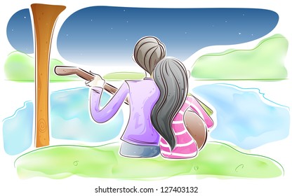 easy to edit vector illustration of romantic young couple playing guitar