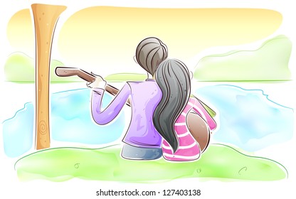 easy to edit vector illustration of romantic young couple playing guitar