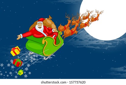 easy to edit vector illustration of Santa flying in sledge with Christmas gift