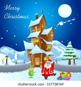 easy to edit vector illustration of Santa in decorated house with Christmas gift
