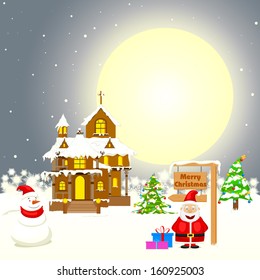 easy to edit vector illustration of Santa in decorated house with Christmas gift