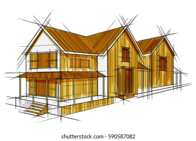 easy to edit vector illustration of sketch of exterior building draft blueprint design