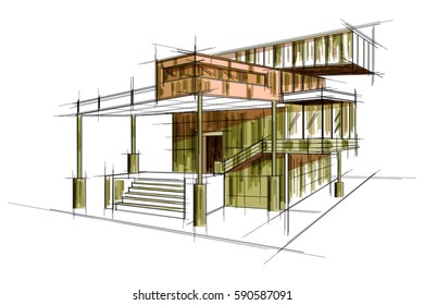 easy to edit vector illustration of sketch of exterior building draft blueprint design