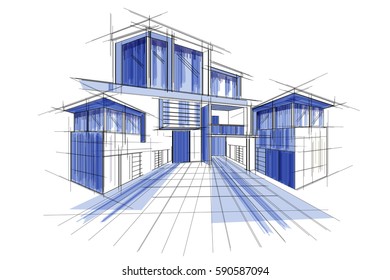 easy to edit vector illustration of sketch of exterior building draft blueprint design