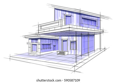 easy to edit vector illustration of sketch of exterior building draft blueprint design