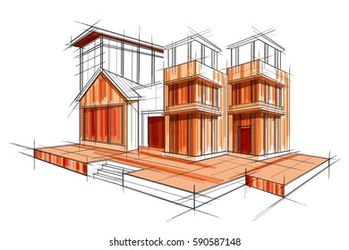 easy to edit vector illustration of sketch of exterior building draft blueprint design