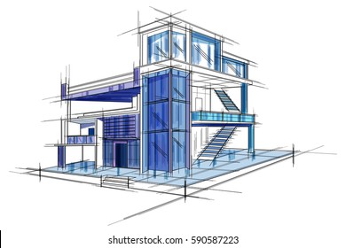 easy to edit vector illustration of sketch of exterior building draft blueprint design