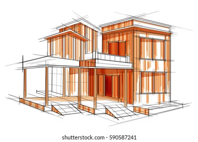 easy to edit vector illustration of sketch of exterior building draft blueprint design