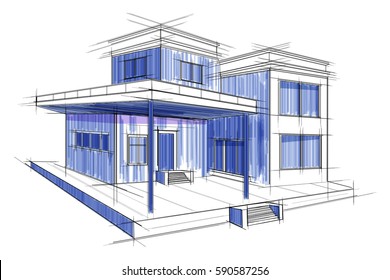 easy to edit vector illustration of sketch of exterior building draft blueprint design