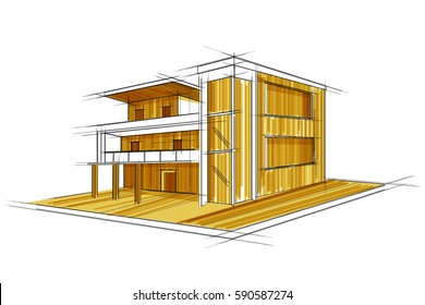 easy to edit vector illustration of sketch of exterior building draft blueprint design