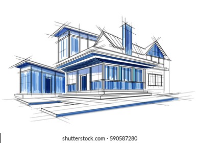 easy to edit vector illustration of sketch of exterior building draft blueprint design