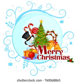 easy to edit vector illustration of Snowman with gift in winter background for Merry Christmas holiday celebration