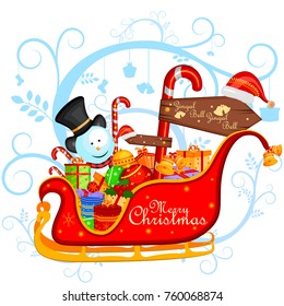 easy to edit vector illustration of Snowman with gift in winter background for Merry Christmas holiday celebration