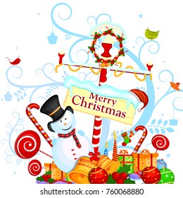 easy to edit vector illustration of Snowman with gift in winter background for Merry Christmas holiday celebration