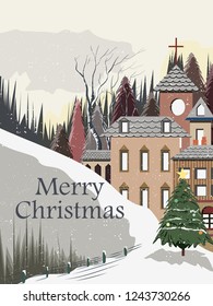 easy to edit vector illustration of snowy landscape wintertime background for Merry Christmas Holiday