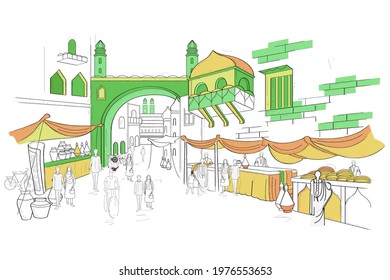 easy to edit vector illustration of street and city life of town with mall, shop and restaurant