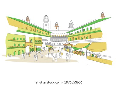 easy to edit vector illustration of street and city life of town with mall, shop and restaurant