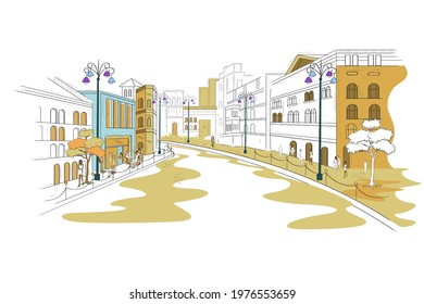 easy to edit vector illustration of street and city life of town with mall, shop and restaurant