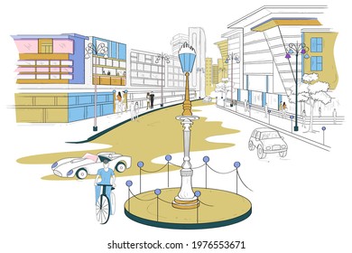 easy to edit vector illustration of street and city life of town with mall, shop and restaurant