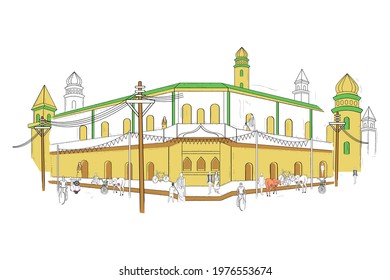 easy to edit vector illustration of street and city life of town with mall, shop and restaurant