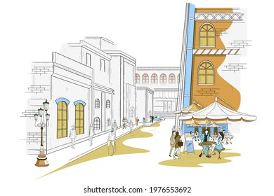 easy to edit vector illustration of street and city life of town with mall, shop and restaurant