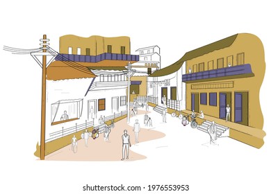 easy to edit vector illustration of street and city life of town with mall, shop and restaurant