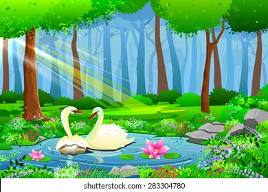 Easy To Edit Vector Illustration Of Swan On Lake Natural  Landscape