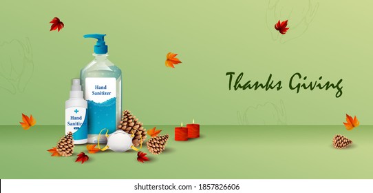 fácil de editar ilustración vectorial del fondo del festival de la cosecha de Acción de Gracias con sanitizer mostrando precaución del virus covid 19 corona