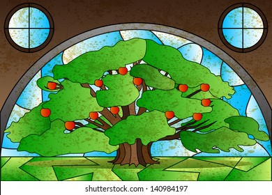 easy to edit vector illustration of tree stained glass painting