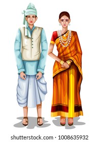 easy to edit vector illustration of Tripuri wedding couple in traditional costume of Tripura, India