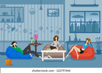 easy to edit vector illustration of women chatting and relaxing in couch