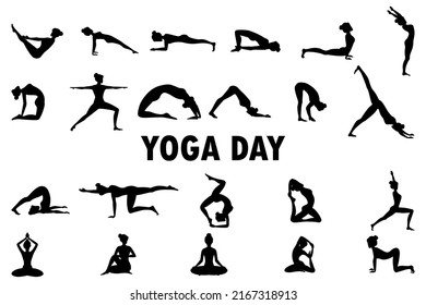 fácil de editar ilustración vectorial de mujeres haciendo ejercicio asana para la celebración del Día Internacional del Yoga el 21 de junio