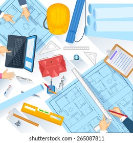 easy to edit vector illustration of  working table of architect