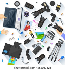 easy to edit vector illustration of working table of photographer