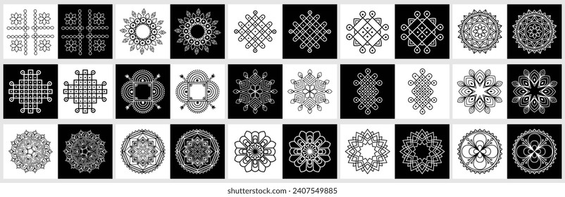 Easy to edit vector set of Indian traditional design concept of rangoli,alpona,kolam,mandala line art.