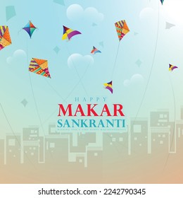 easy to edit vector sketch illustration of Happy Makar Sankranti background with colorful kites