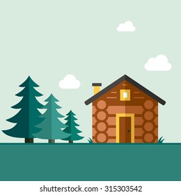 Easy to edit vector template for woodwork industry with modern log house. 