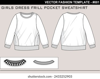 EASY EDITABLE FASHION TECHNISCHE FLACHE SKIZZE ILLUSTRATION DESIGN MÄDCHEN KLEID RÜSCHE TASCHE SWEATSHIRT