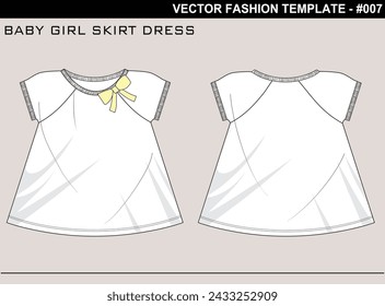EASY EDITABLE FASHION TECHNICAL FLAT SKETCH ILLUSTRATION DESIGN BABY GIRLS CREW NECK RIB COLLAR DROP WAIST SKIRT