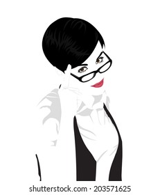 Easy editable layered vector portrait of young beautiful short hair woman wearing glasses with finger on her temples. 