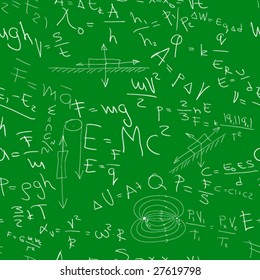 easy editable Physics formulas in vector on green classic  board - seamless pattern