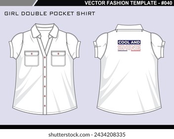EASY EDITABLE TECH PACK FASHION TECHNICAL FLAT SKETCH ILLUSTRATION DESIGN GIRL DOUBLE POCKET SHIRT