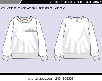  EASY EDITABLE TECH PACK FASHION TECHNICAL FLAT SKETCH ILLUSTRATION DESIGN RIB NECK WINTER SWEATSHIRT