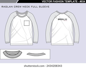 EASY EDITABLE TECH PACK FASHION TECHNISCHE FLACHE SKIZZE ILLUSTRATION DESIGN RAGLAN CREW HALS VOLLER ÄRMEL